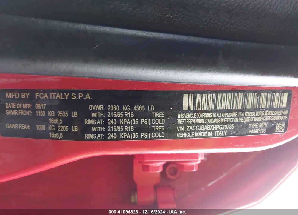 2017 JEEP RENEGADE SPORT 4X4 VIN: ZACCJBABXHPG20785