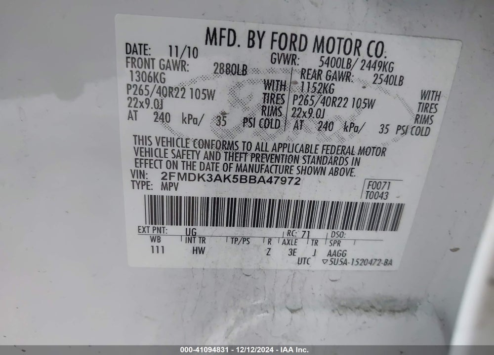 2011 FORD EDGE SPORT VIN: 2FMDK3AK5BBA47972