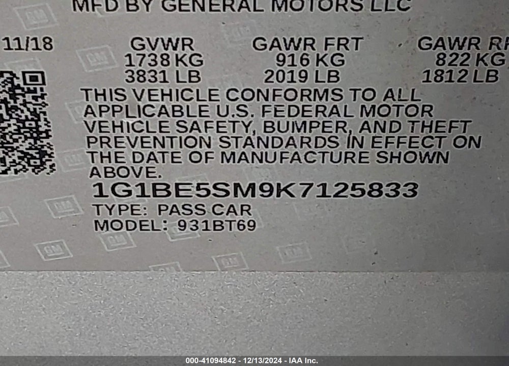 2019 CHEVROLET CRUZE VIN: 1G1BE5SM9K7125833