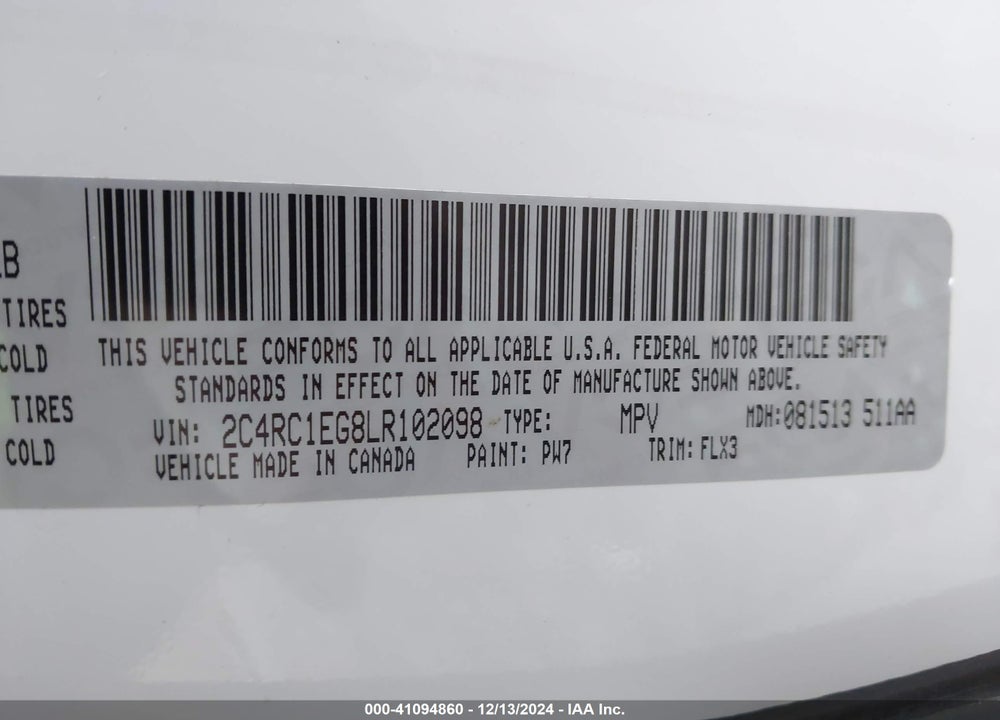 2020 CHRYSLER PACIFICA TOURING L PLUS VIN: 2C4RC1EG8LR102098