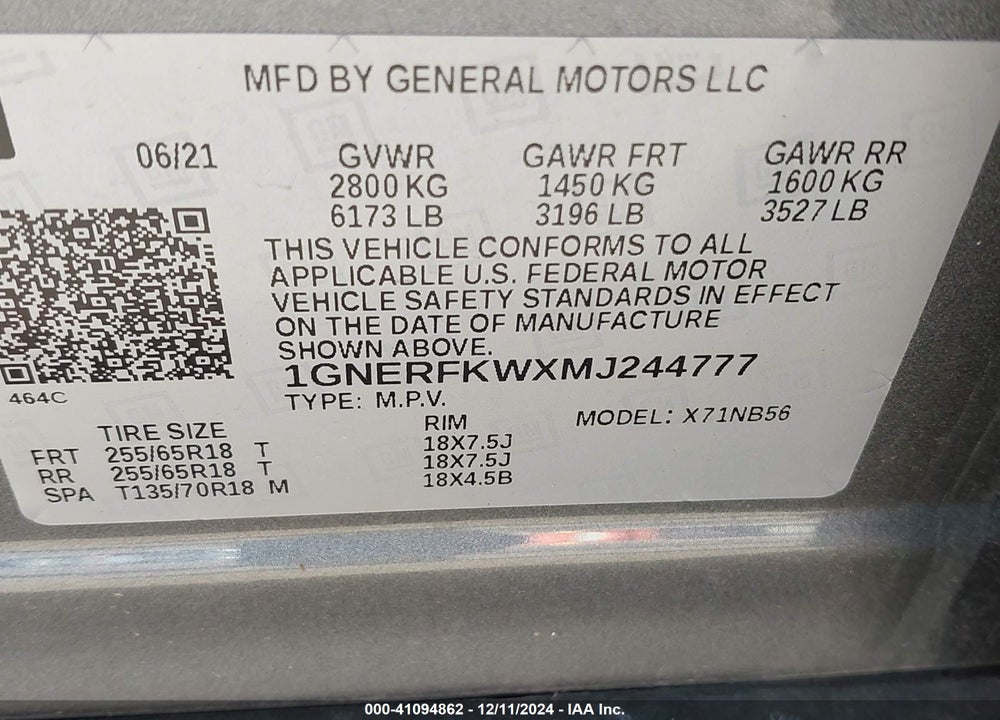 2021 CHEVROLET TRAVERSE FWD LS VIN: 1GNERFKWXMJ244777