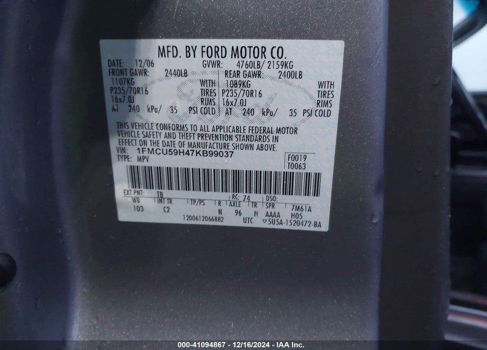 2007 FORD ESCAPE HYBRID VIN: 1FMCU59H47KB99037