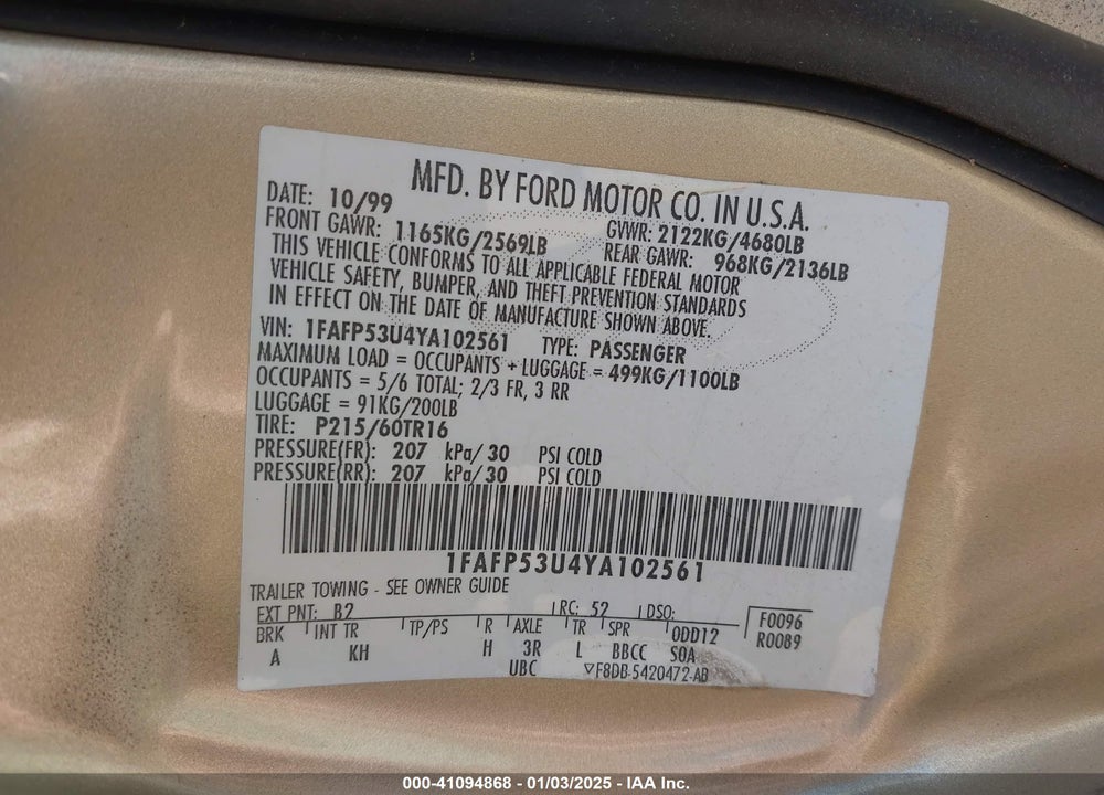 2000 FORD TAURUS SE VIN: 1FAFP53U4YA102561