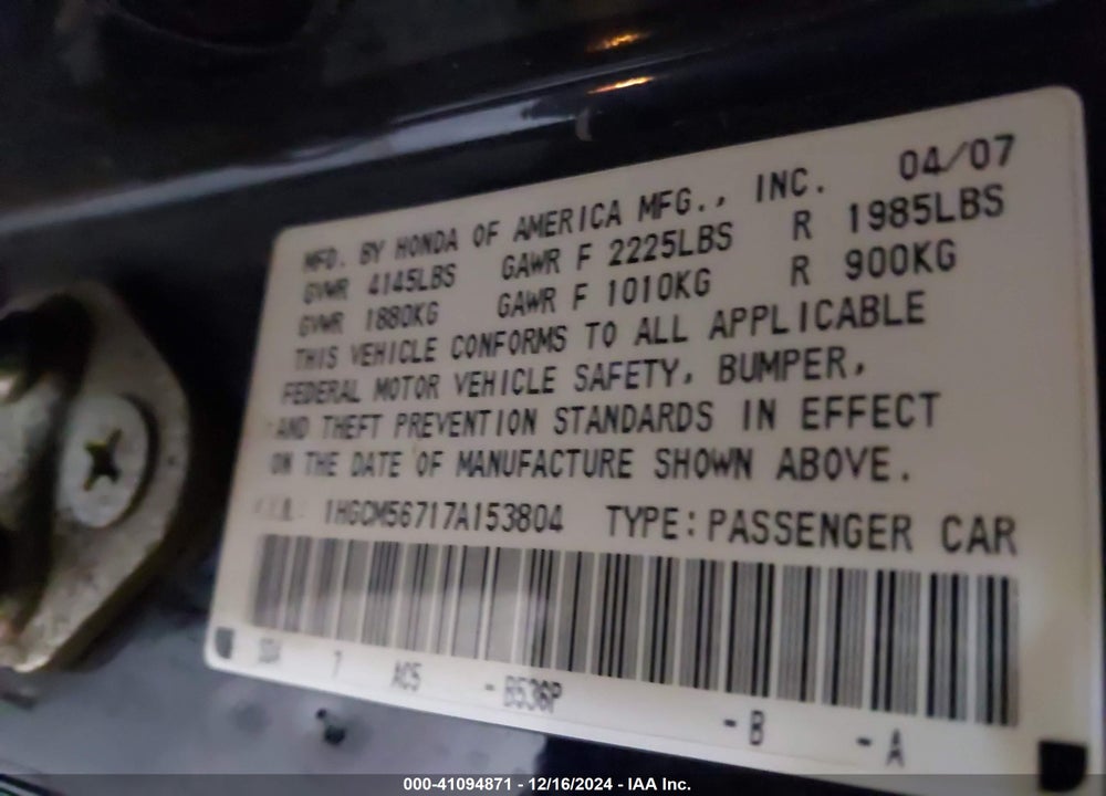 2007 HONDA ACCORD 2.4 EX VIN: 1HGCM56717A153804