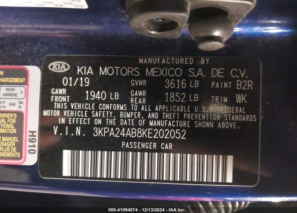 2019 KIA RIO S VIN: 3KPA24AB8KE202052