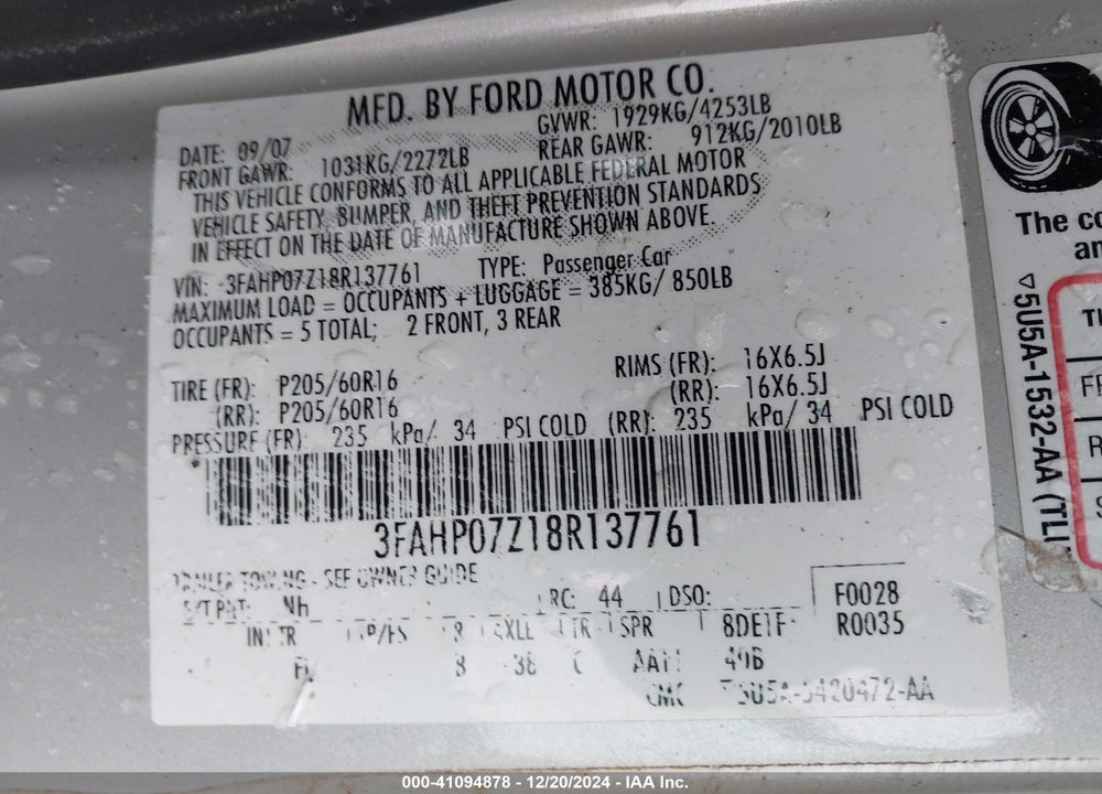 2008 FORD FUSION SE VIN: 3FAHP07Z18R137761