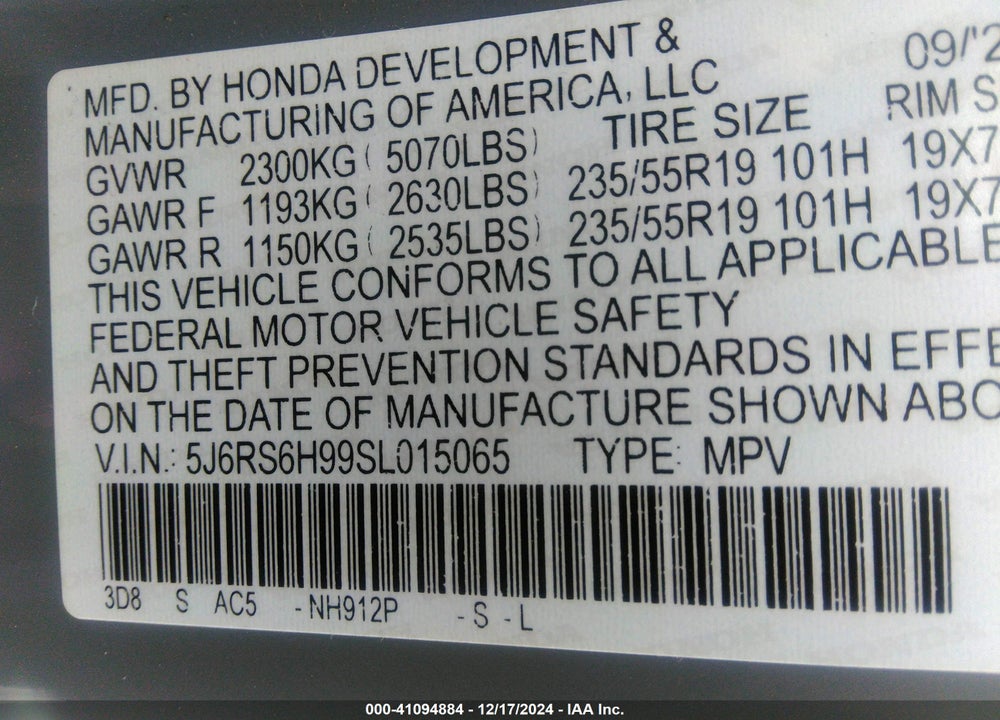 2025 HONDA CR-V HYBRID SPORT TOURING VIN: 5J6RS6H99SL015065