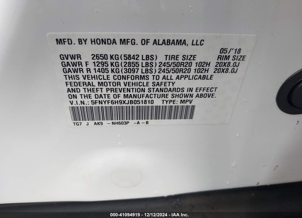2018 HONDA PILOT TOURING VIN: 5FNYF6H9XJB051810
