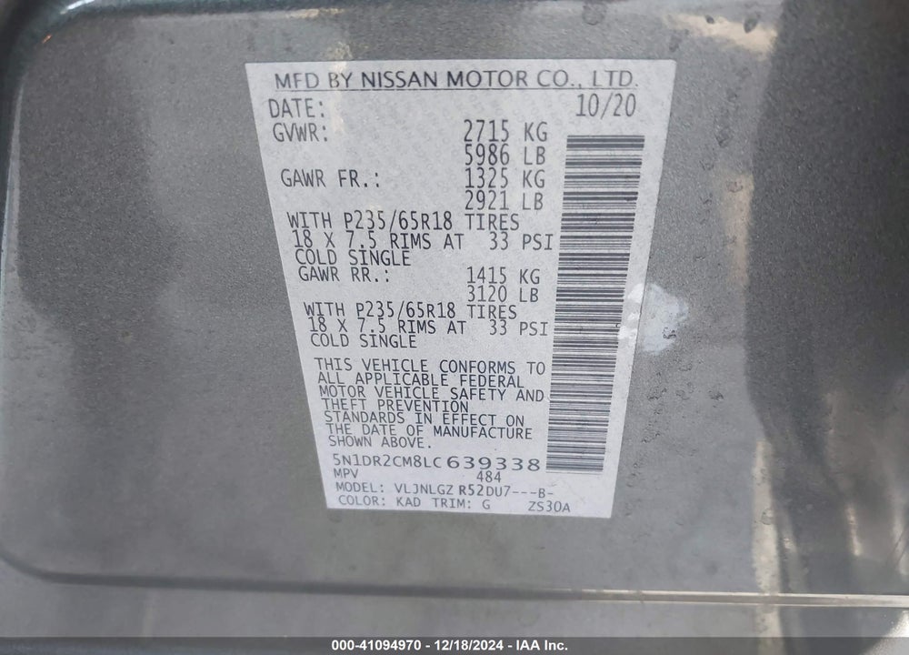 2020 NISSAN PATHFINDER SL 4WD VIN: 5N1DR2CM8LC639338