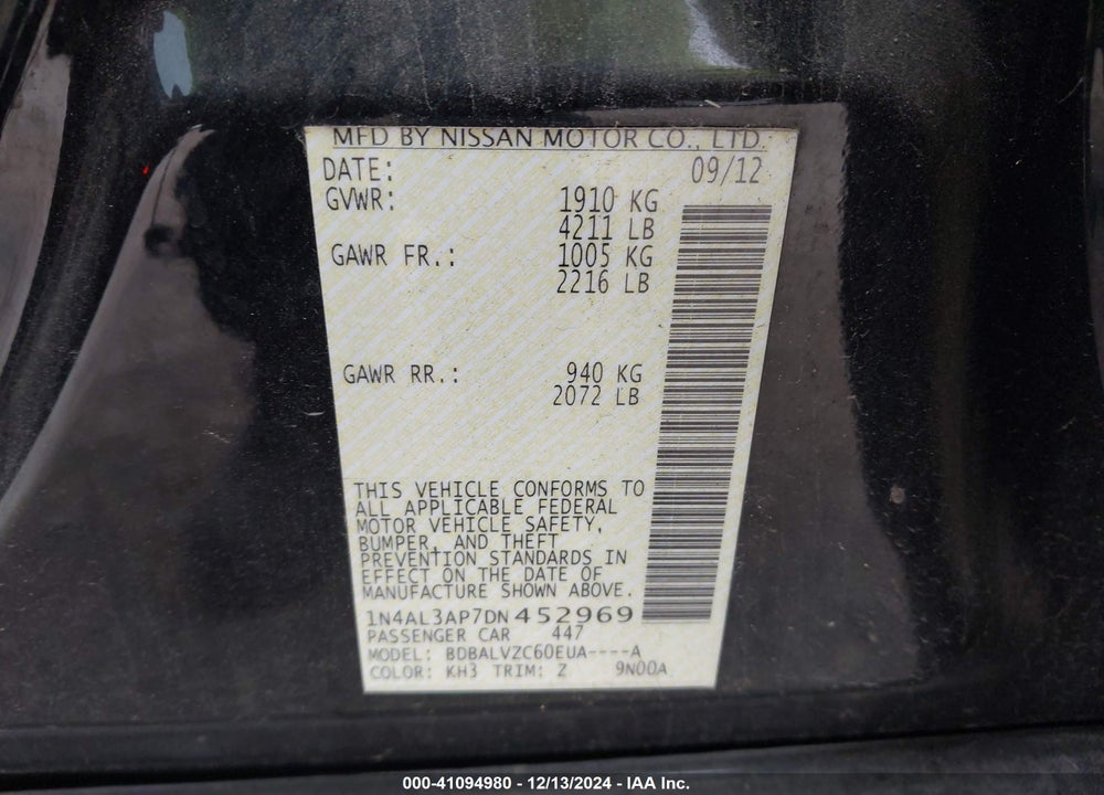 2013 NISSAN ALTIMA VIN: 1N4AL3AP7DN452969