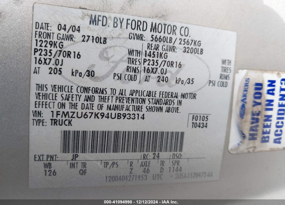 2004 FORD EXPLORER SPORT TRAC ADRENALIN/XLS/XLT VIN: 1FMZU67K94UB93314