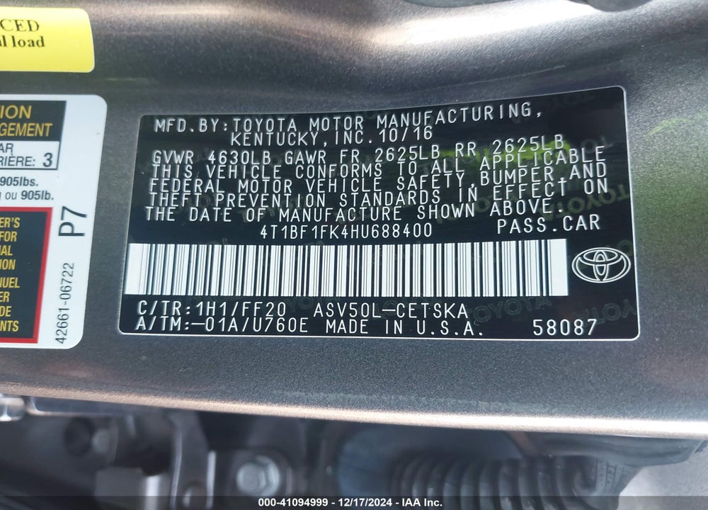 2017 TOYOTA CAMRY SE VIN: 4T1BF1FK4HU688400