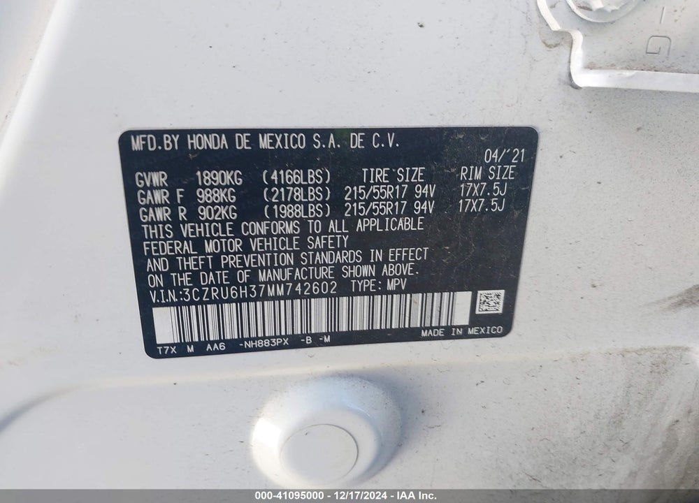2021 HONDA HR-V AWD LX VIN: 3CZRU6H37MM742602