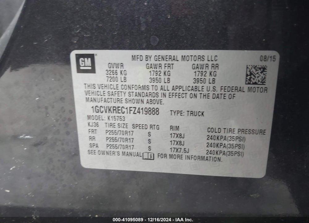 2015 CHEVROLET SILVERADO 1500 VIN: 1GCVKREC1FZ419888