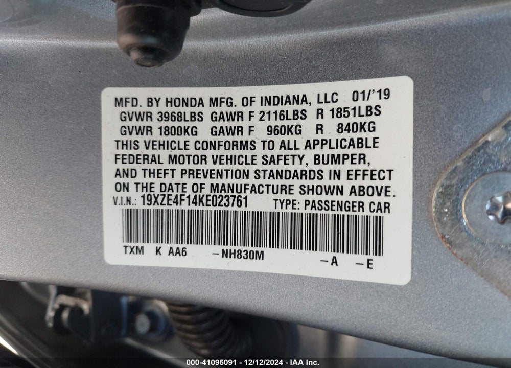 2019 HONDA INSIGHT VIN: 19XZE4F14KE023761