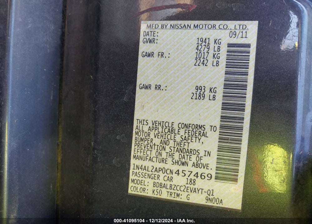 2012 NISSAN ALTIMA 2.5 S VIN: 1N4AL2AP0CN457469