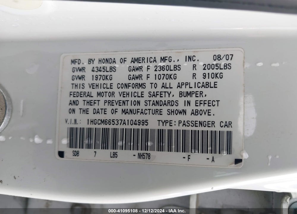 2007 HONDA ACCORD 3.0 EX VIN: 1HGCM66537A104995