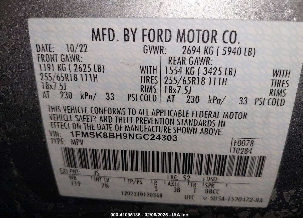 2022 FORD EXPLORER VIN: 1FMSK8BH9NGC24303
