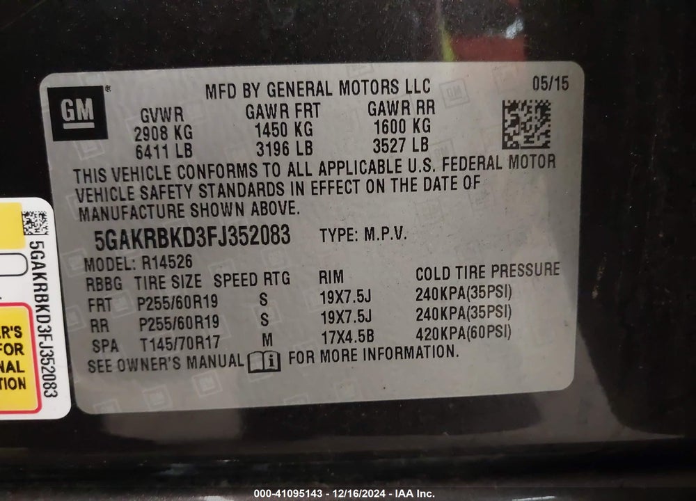 2015 BUICK ENCLAVE LEATHER VIN: 5GAKRBKD3FJ352083