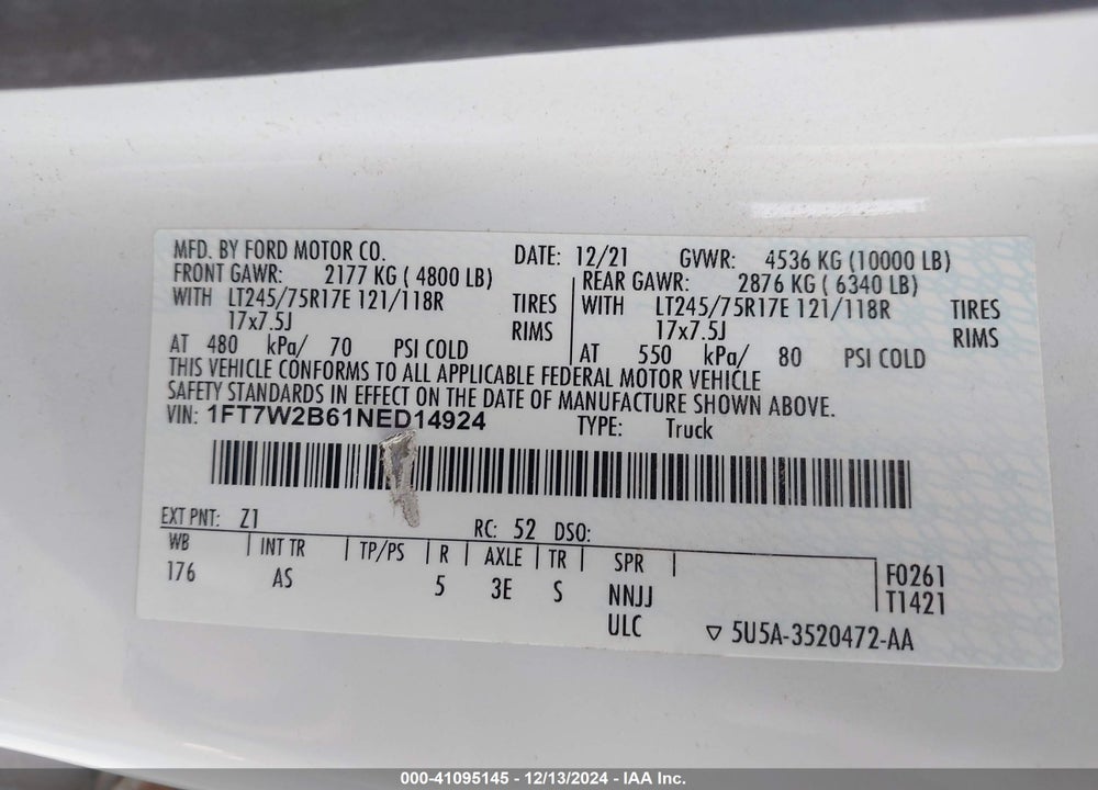 2022 FORD F-250 XL VIN: 1FT7W2B61NED14924