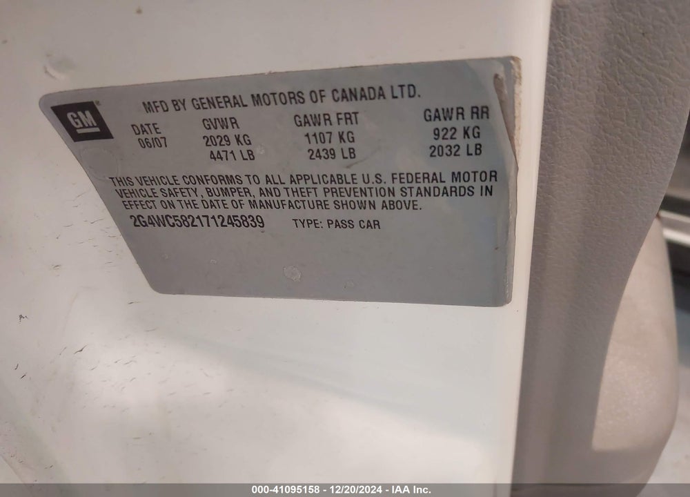 2007 BUICK LACROSSE CX VIN: 2G4WC582171245839