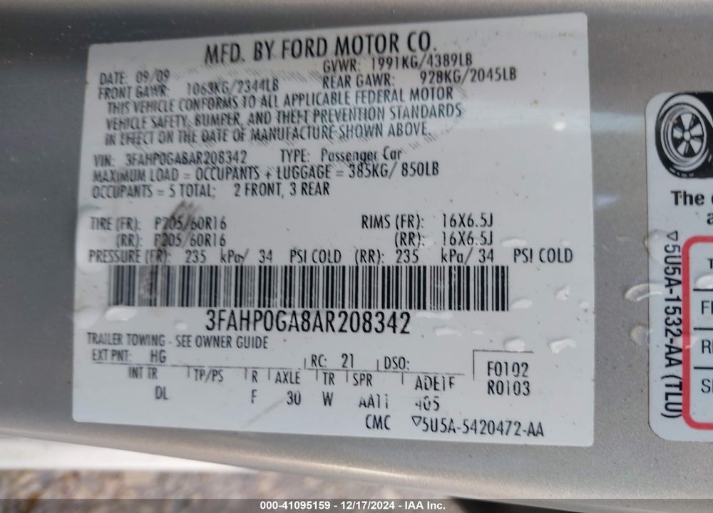 2010 FORD FUSION S VIN: 3FAHP0GA8AR208342