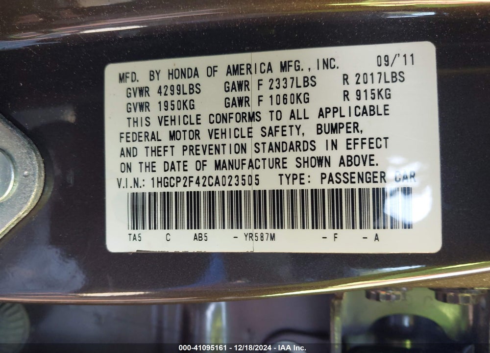 2012 HONDA ACCORD VIN: 1HGCP2F42CA023505