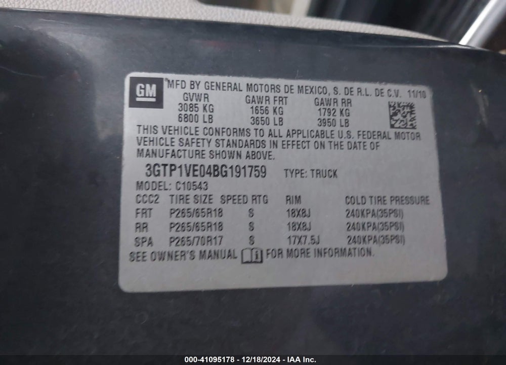 2011 GMC SIERRA 1500 VIN: 3GTP1VE04BG191759