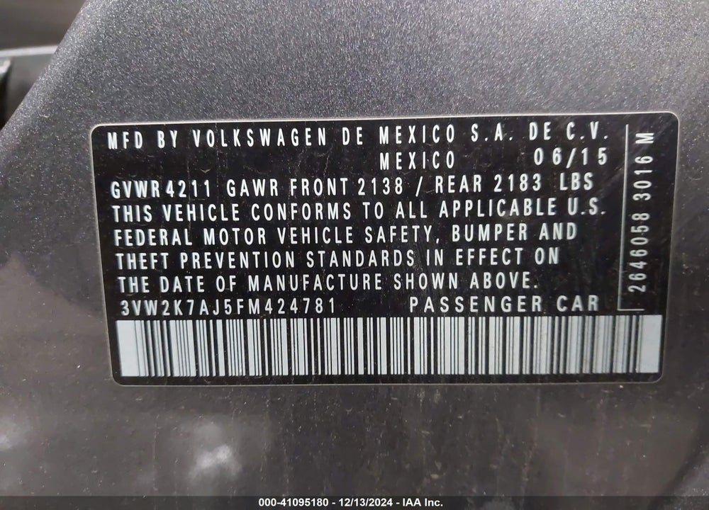 2015 VOLKSWAGEN JETTA 2.0L S VIN: 3VW2K7AJ5FM424781