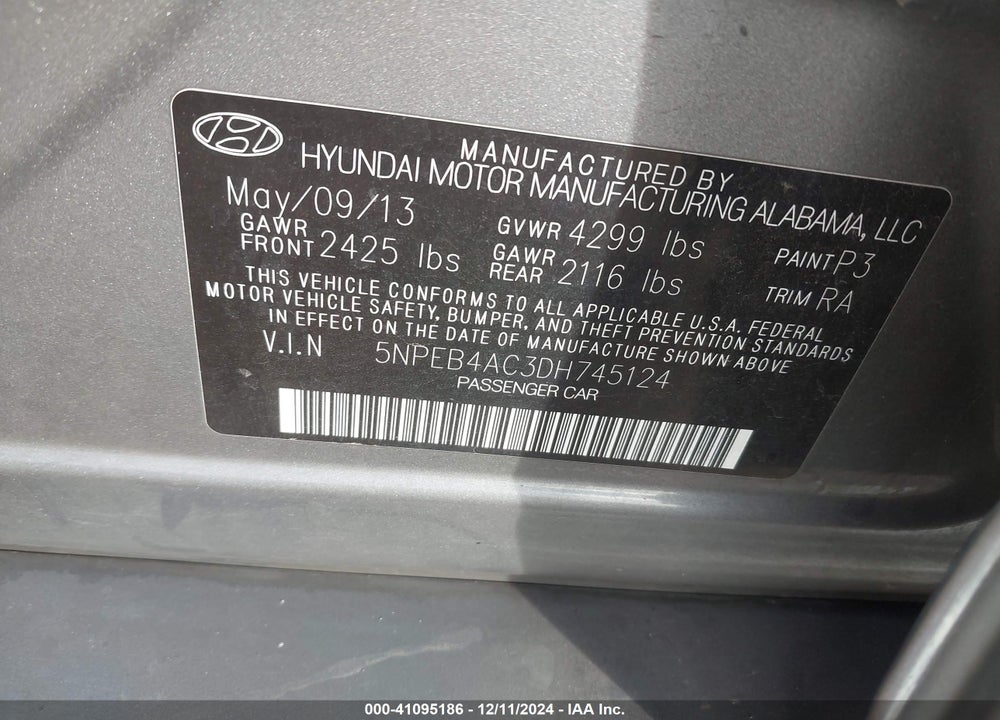 2013 HYUNDAI SONATA GLS VIN: 5NPEB4AC3DH745124