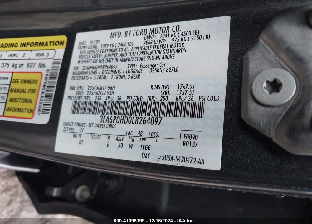 2020 FORD FUSION SE VIN: 3FA6P0HD0LR264097