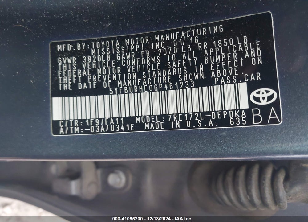 2016 TOYOTA COROLLA L VIN: 5YFBURHE0GP461233