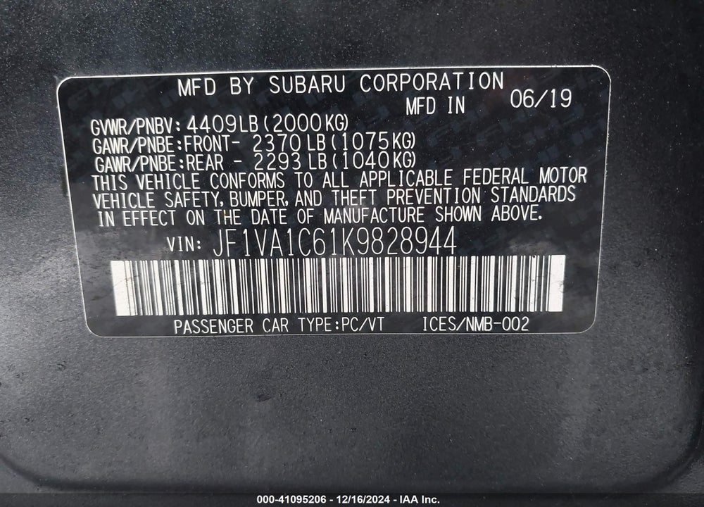 2019 SUBARU WRX PREMIUM VIN: JF1VA1C61K9828944