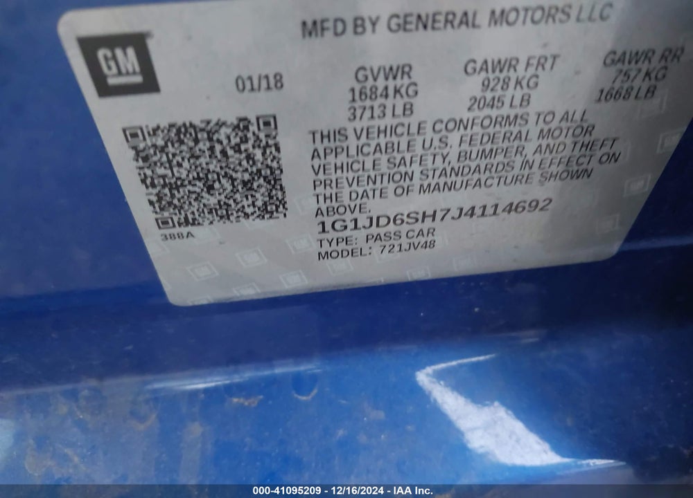 2018 CHEVROLET SONIC VIN: 1G1JD6SH7J4114692