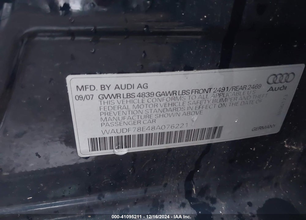 2008 AUDI A4 2.0T/2.0T SPECIAL EDITION/SE 2.0T VIN: WAUDF78E48A076221