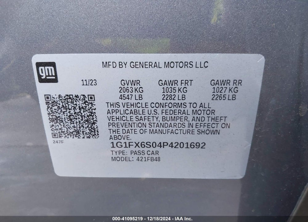 2023 CHEVROLET BOLT EV FWD 2LT VIN: 1G1FX6S04P4201692