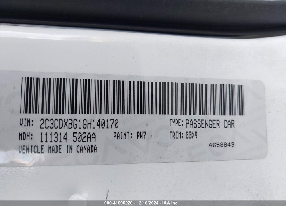 2016 DODGE CHARGER VIN: 2C3CDXBG1GH140170