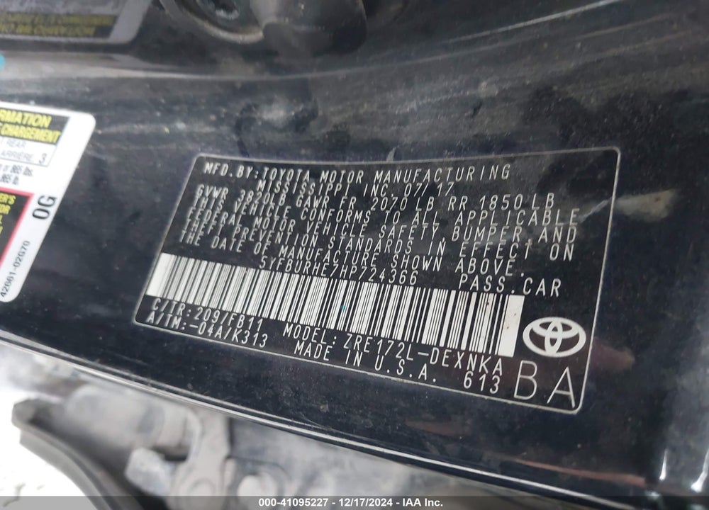 2017 TOYOTA COROLLA VIN: 5YFBURHE7HP724366