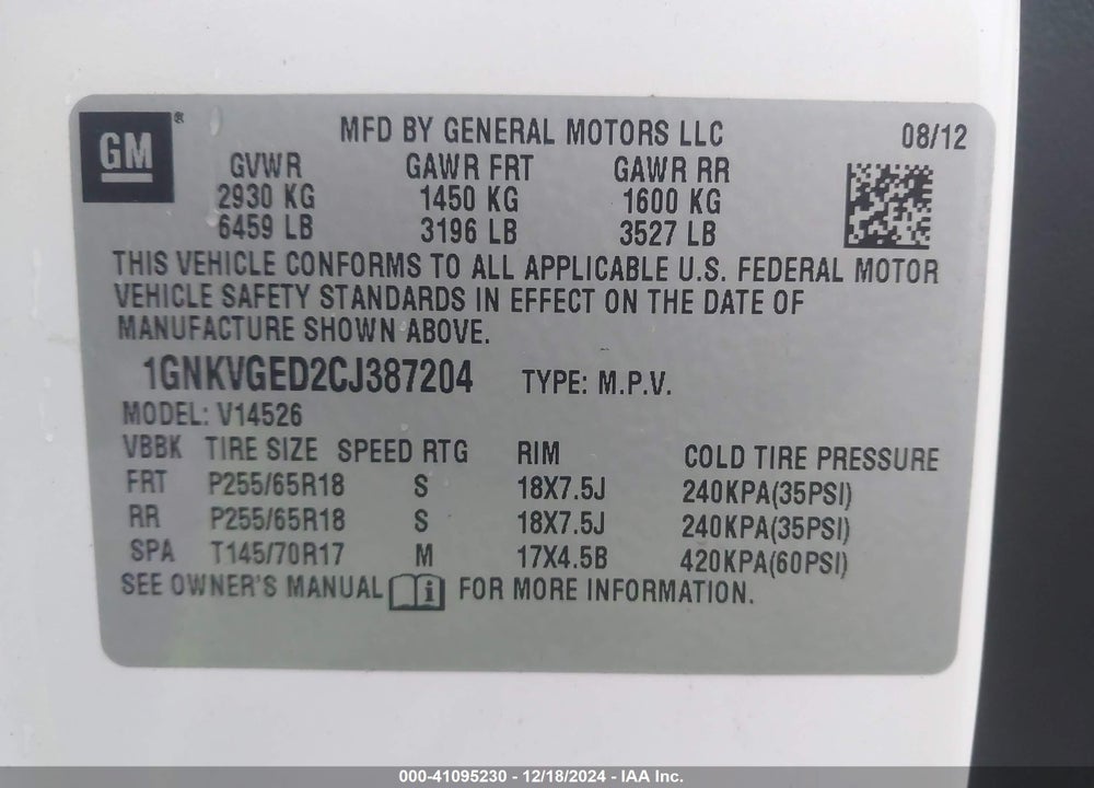 2012 CHEVROLET TRAVERSE 1LT VIN: 1GNKVGED2CJ387204