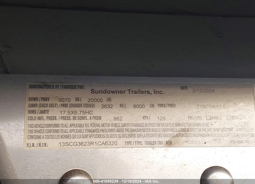2024 SUNDOWNER CARGO TRAILER 36 VIN: 13SCG3623R1CA6320
