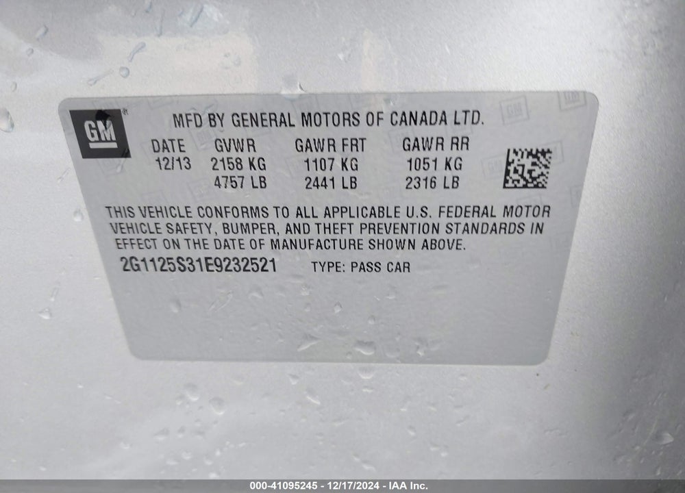 2014 CHEVROLET IMPALA VIN: 2G1125S31E9232521