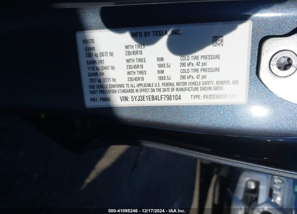 2020 TESLA MODEL 3 LONG RANGE DUAL MOTOR ALL-WHEEL DRIVE VIN: 5YJ3E1EB4LF798104