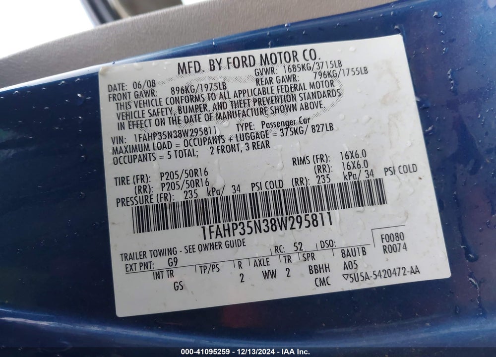 2008 FORD FOCUS SE/SES VIN: 1FAHP35N38W295811