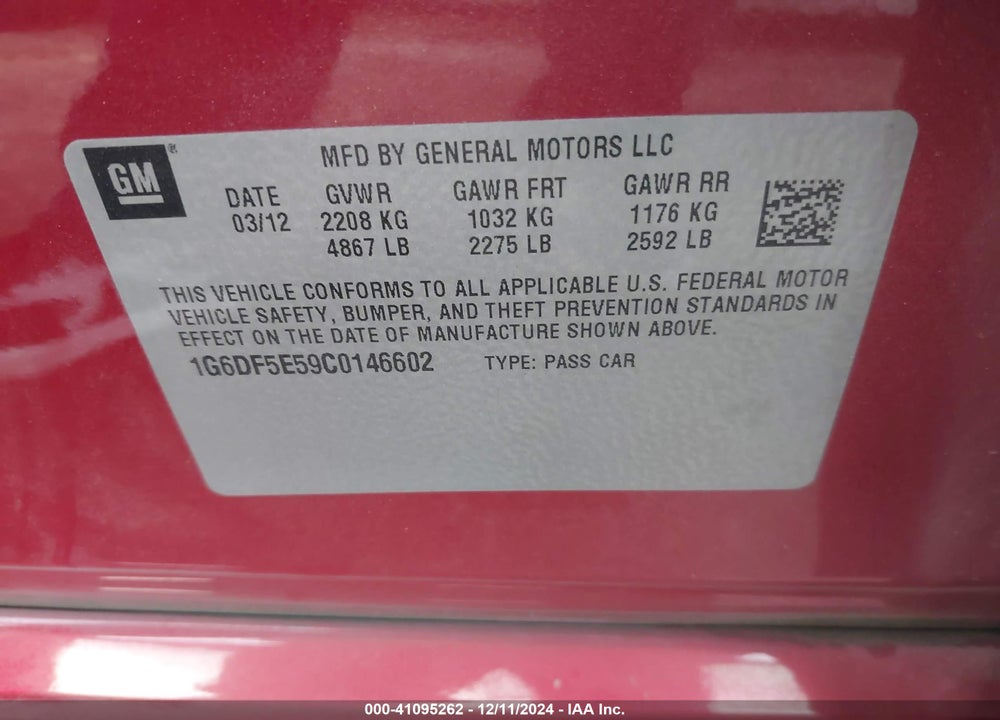 2012 CADILLAC CTS LUXURY VIN: 1G6DF5E59C0146602