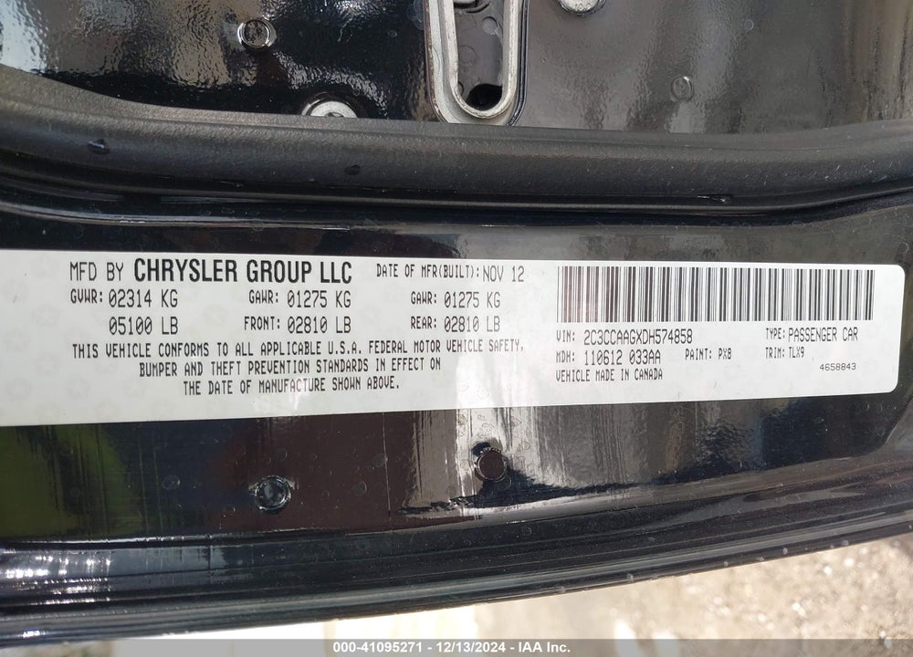 2013 CHRYSLER 300 VIN: 2C3CCAAGXDH574858