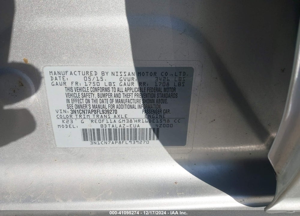 2015 NISSAN VERSA VIN: 3N1CN7AP8FL939270