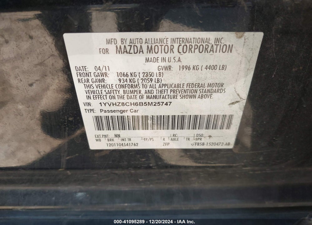 2011 MAZDA 6 I TOURING VIN: 1YVHZ8CH6B5M25747