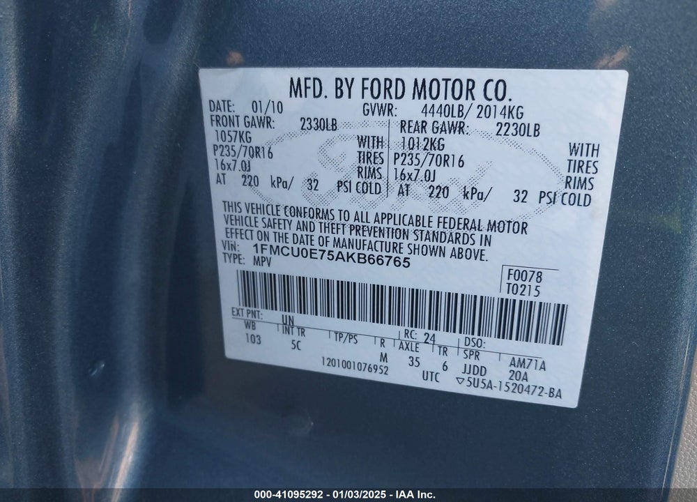 2010 FORD ESCAPE LIMITED VIN: 1FMCU0E75AKB66765