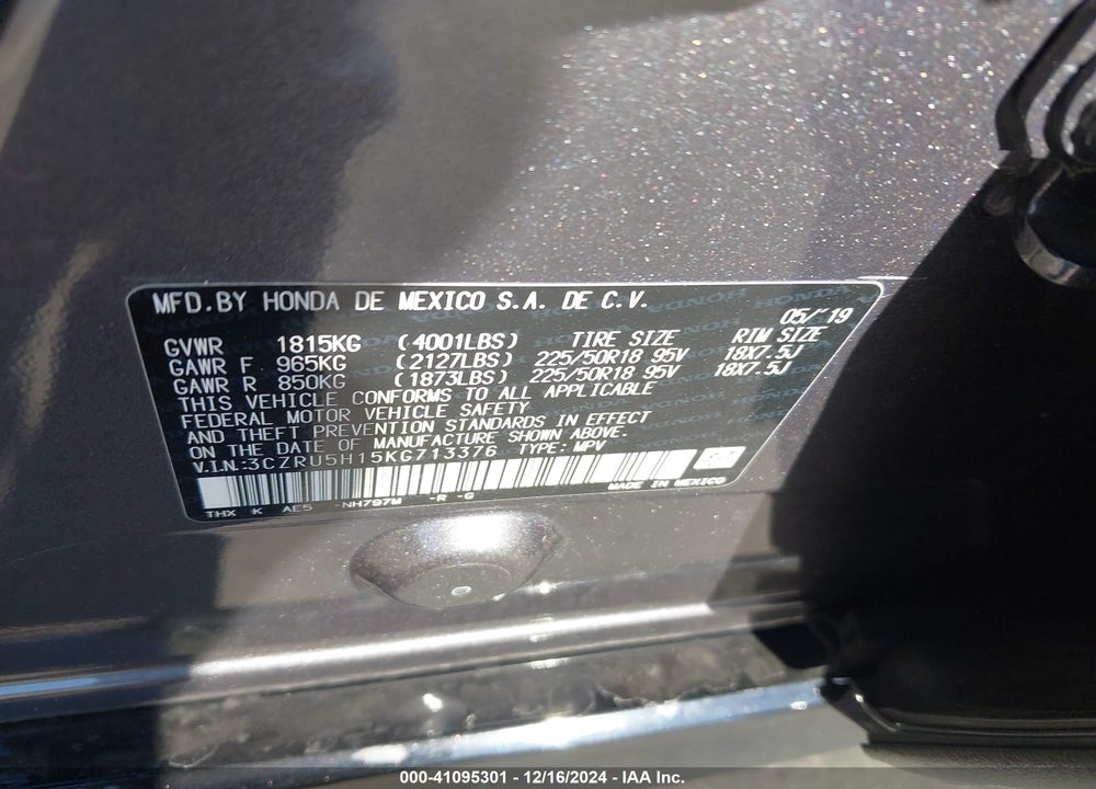 2019 HONDA HR-V SPORT VIN: 3CZRU5H15KG713376