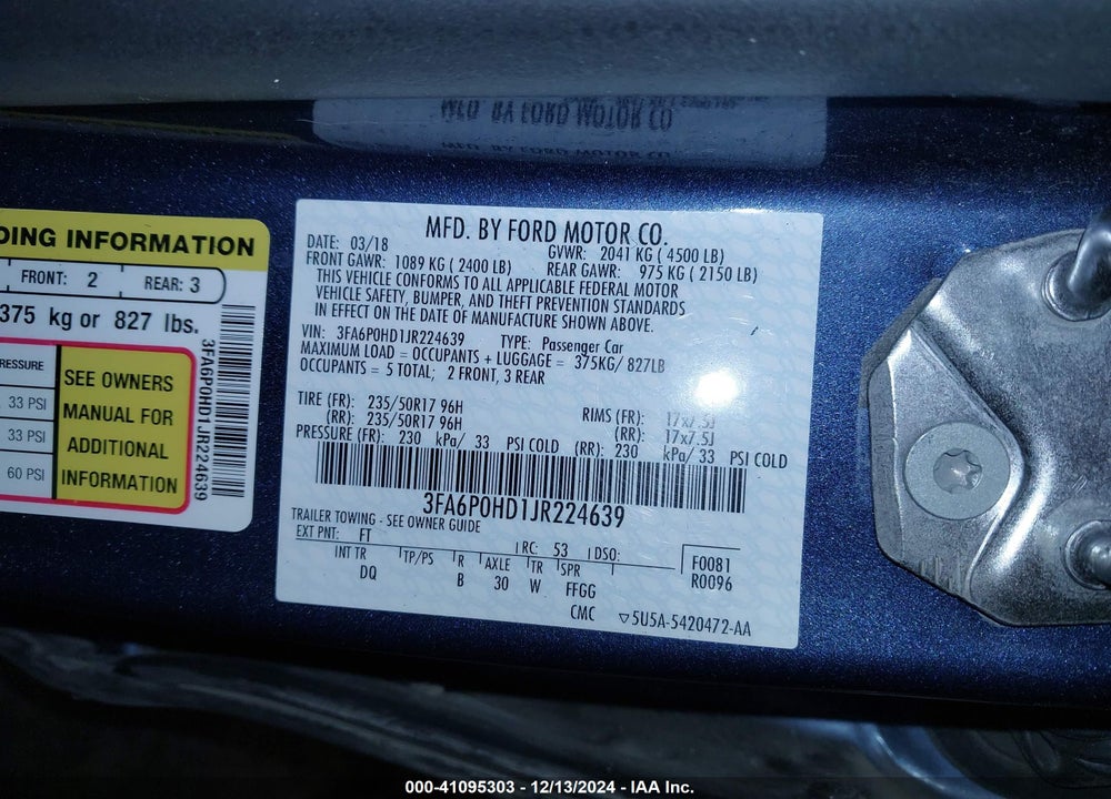 2018 FORD FUSION VIN: 3FA6P0HD1JR224639